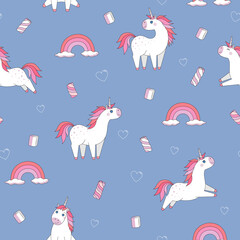 Pattern with unicorns, marshmallows, rainbow on a blue background