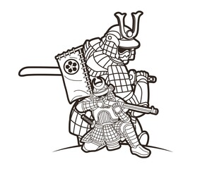 Group of Samurai Japanese Warrior Ronin with Weapons Action Cartoon Graphic Vector