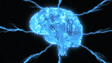 Glowing blue digital brain with electric lightning bolt sparks connecting to computer circuits - 444513780