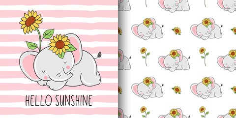 Draw card and print pattern of sweet elephant with sunflower