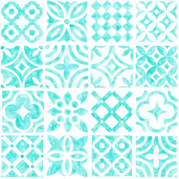 Seamless moroccan pattern. Square vintage tile. Aquamarine and white watercolor ornament painted with paint on paper. Handmade. Print for textiles. Set grunge texture.