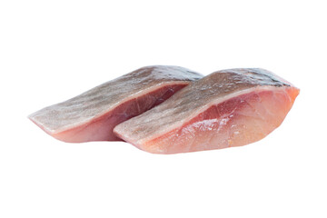 Macro shot herring fillet slices isolated on white background. Matie filet isolated. Fresh herring fish slice isolated. - obrazy, fototapety, plakaty