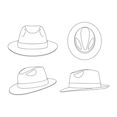 Template fedora hat vector illustration flat sketch design outline headwear - obrazy, fototapety, plakaty