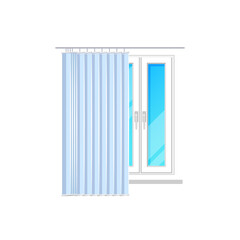 Window with blinds shutters or jalousie curtain shades, vector isolated flat icon. Closed or open vertical jalousie on window glass of plastic frame, shutter blinds or light shade curtains