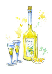 Bottle of limoncello,lemon and glasses.Picture of a alcoholic drink.Watercolor hand drawn illustration. - 444514573