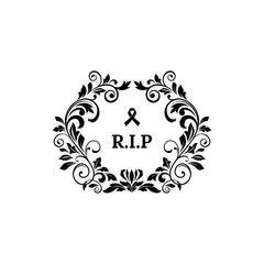 RIP lettering floral funeral frame, ornate grief with monochrome sorrow tape. Vector memory inscription to deceased or dead. Death calligraphy on tombstone or gravestone, flowers ornamental frame