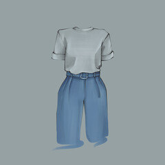 Set of blue clothes, Pants with T-shirt, Illustration sketch