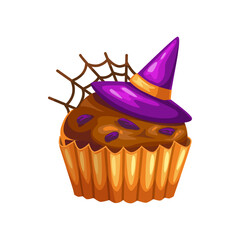 Homemade Halloween cupcake with witches hat and spider web isolated realistic icon. Vector muffin pastry food dessert, cake bun bakery with buttercream. Chocolate bakery, holiday party treat or trick