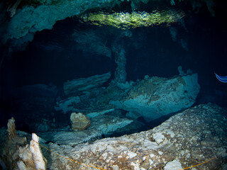 Underwater limestone cave (Cenote Dos Ojos, Tulum, Quintana Roo, Mexico)