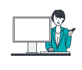 A woman explaining on a computer screen