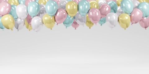 3D Rendering concept of Background for birthday, anniversary, wedding, holiday congratulation banners. Colorful pastel balloons floating on white background room studio. 3D render. 3D illustration. 