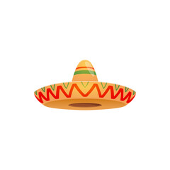 Mexican sombrero hat, festive cap vector icon. Spanish headwear for Mexico cinco de mayo festival. Isolated cartoon traditional costume straw headdress for celebration with zigzag ornament
