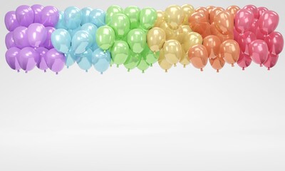 3D Rendering concept of birthday, anniversary, wedding, holiday congratulation backdrop. Realistic colorful balloons floating on white background room studio. 3D render. 3D illustration. 