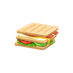 Sandwich, fast food menu icon, snacks and street food vector isolated meals. Fastfood restaurant or street food bistro delivery and takeaway lunch meals, sandwich with egg, cheese and bacon meat