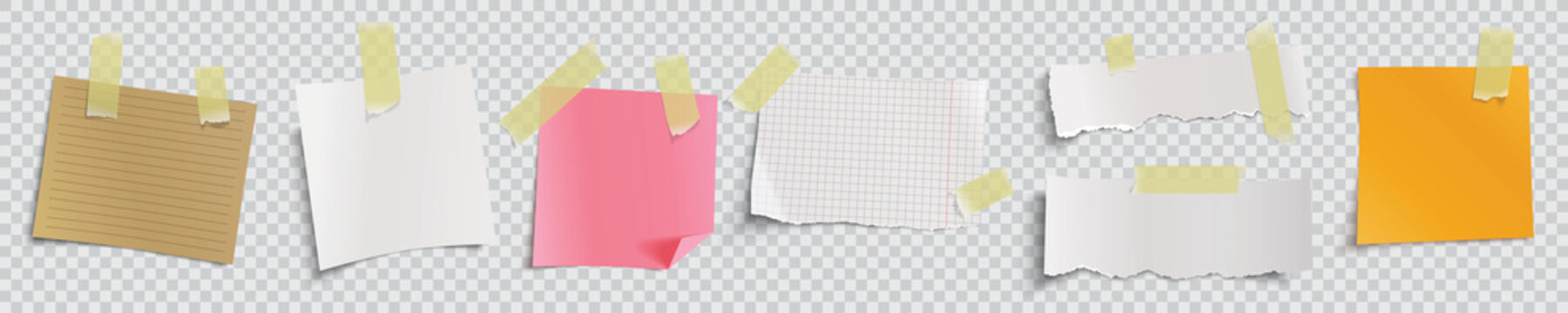 various paper notes attached with tape, vector illustration