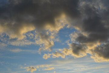 Thunder sky in the evening. Dramatic cloudscape with blue sky and gray clouds