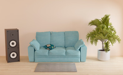 Blue sofa in sunny room. Design living room. 3D render