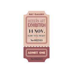 Full ticket to modern art exhibition isolated retro paper card. Vector invitation on excursion or museum, admit one, mention of date and price. Voucher access to art gallery, single entry with number