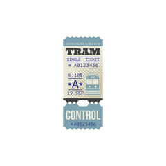 Retro tram ticket isolated template, trip paper coupon with perforated cut line. Vector transportation vintage pass card. Boarding tram single ticket control with date, city transport access