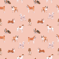 Beautiful vector seamless pattern with cute watercolor hand drawn dog breeds Cocker spaniel Greyhound Basset hound Poodle Bulldog and Welsh corgi pembroke . Stock illustration.