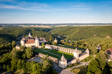 Fototapeta na wymiar Rosenburg in the Kamptal of the Waldviertel region in Lower Austria. Aerial view to the famous castle and landmark at the Kamp river close to Eggenburg.