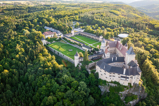 Rosenburg in the Kamptal of the Waldviertel region in Lower Austria. Aerial view to the famous castle and landmark at the Kamp river close to Eggenburg.