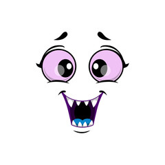 Cartoon monster face isolated vector icon, funny facial emoji of Halloween creature. Emotion toothy smile with big purple round eyes, mouth with sharp teeth, blue tongue isolated on white background