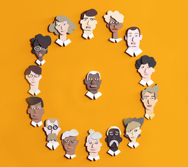 People faces made of paper. Lots of people different age and professional background. Paper cut design 3D rendering illustration 