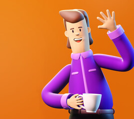 Businessman with cup of coffee waving her hand in order to say hello. Successful happy person. 3D Rendering illustration.