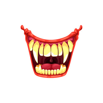 Vampire or clown mouth with fangs vector icon. Cartoon monster roar scary jaws with long pointed teeth, open yell maw roar or yell isolated on white background