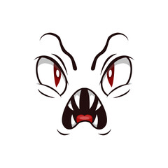 Monster face isolated vector icon, cartoon emoji of angry demon, Halloween spooky creature emotion. Roaring devil with sharp fangs and red creepy eyes isolated on white background