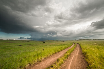 Fototapeta na wymiar road in a green field under a cloudy sky