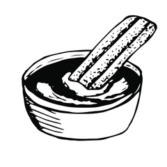 Spanish dessert churros in melted chocolate, vector illustration, hand drawing sketch