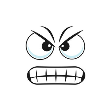 Angry smiley grumpy sullen emoji, ireful or rageful smiley facial expression isolated icon. Vector wrathy sad emoticon with unkind vicious smile, bad character. Wicked emoticon with toothed smile
