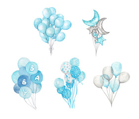 Set of Blue balloons. Isolated on white background. Watercolor illustration. Hand painted pack of blue balloons. Greeting decor.