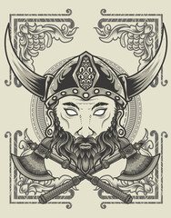 illustration viking head with two ax monochrome style