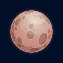 Fantasy planet, satellites in space, far alien world isolated flat cartoon icon. Vector galaxy exoplanet or deep space planet with desert surface covered by craters, moon or asteroid, habitable place