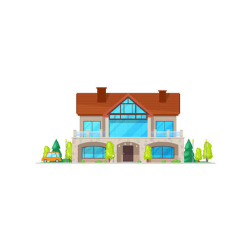 Cottage house with chimney pipes on roof isolated home in cartoon style. Vector facade architecture of real estate property villa, outdoor family mansion with green trees. Building on sale or rent