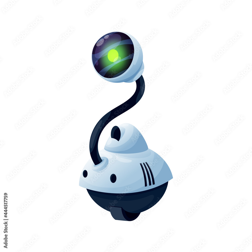 Poster electronic futuristic character smart robotic helper isolated. vector robot bionic machine on one wh