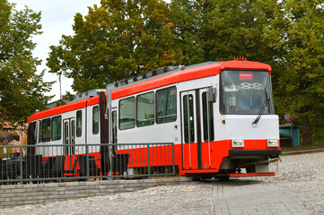 Red and white bus in Tampere. Suomi