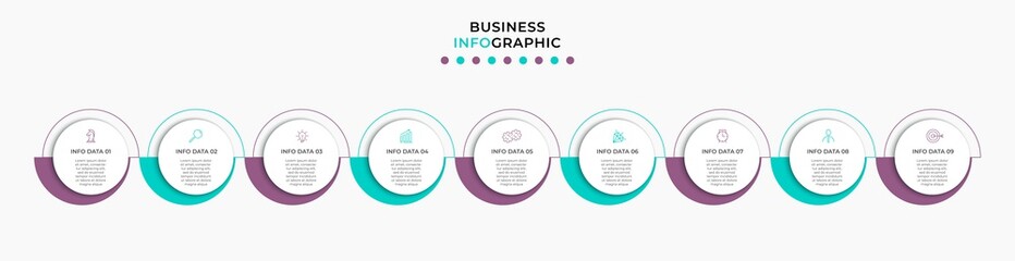 Vector Infographic design illustration business template with icons and 9 options or steps. Can be used for process diagram, presentations, workflow layout, banner, flow chart, info graph