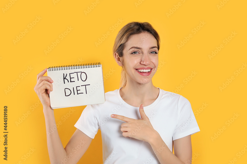 Wall mural Woman holding notebook with phrase Keto Diet on yellow background