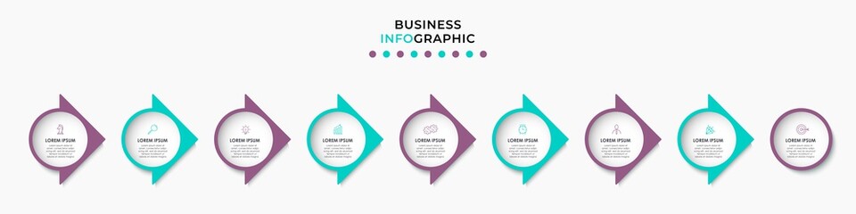 Vector Infographic design illustration business template with icons and 9 options or steps. Can be used for process diagram, presentations, workflow layout, banner, flow chart, info graph