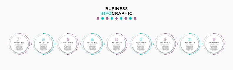Vector Infographic design illustration business template with icons and 9 options or steps. Can be used for process diagram, presentations, workflow layout, banner, flow chart, info graph
