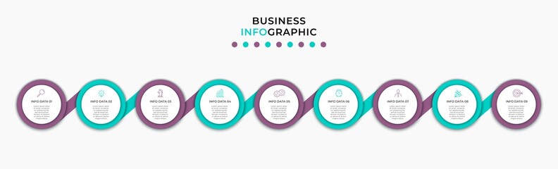 Vector Infographic design illustration business template with icons and 9 options or steps. Can be used for process diagram, presentations, workflow layout, banner, flow chart, info graph