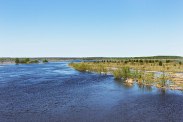 Spring flooding of the river, meadows. Spring, a clear sunny day.