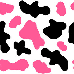 Watercolor hand drawn seamless cow print fabric pattern, black white pastel strawberry pink colors. Cowboy cow girl western background illustration design, milk farm wallpaper.