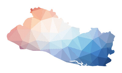 Map of Republic of El Salvador. Low poly illustration of the country. Geometric design with stripes. Technology, internet, network concept. Vector illustration.