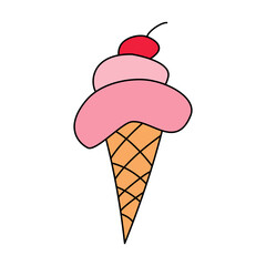 Ice cream in waffle cone with a cherry on top colored doodle vector illustration isolated on white background. Dessert icon. Cafe logo. Dairy groceries concept.