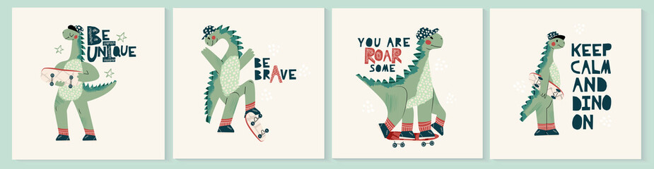 Set of dinosaur Dino cards. Childish card or poster with cute baby dino character with skateboard. Funny phrase, lettering quote. Scandinavian style collection of dinosaur isolated on white background © Maria Petrish